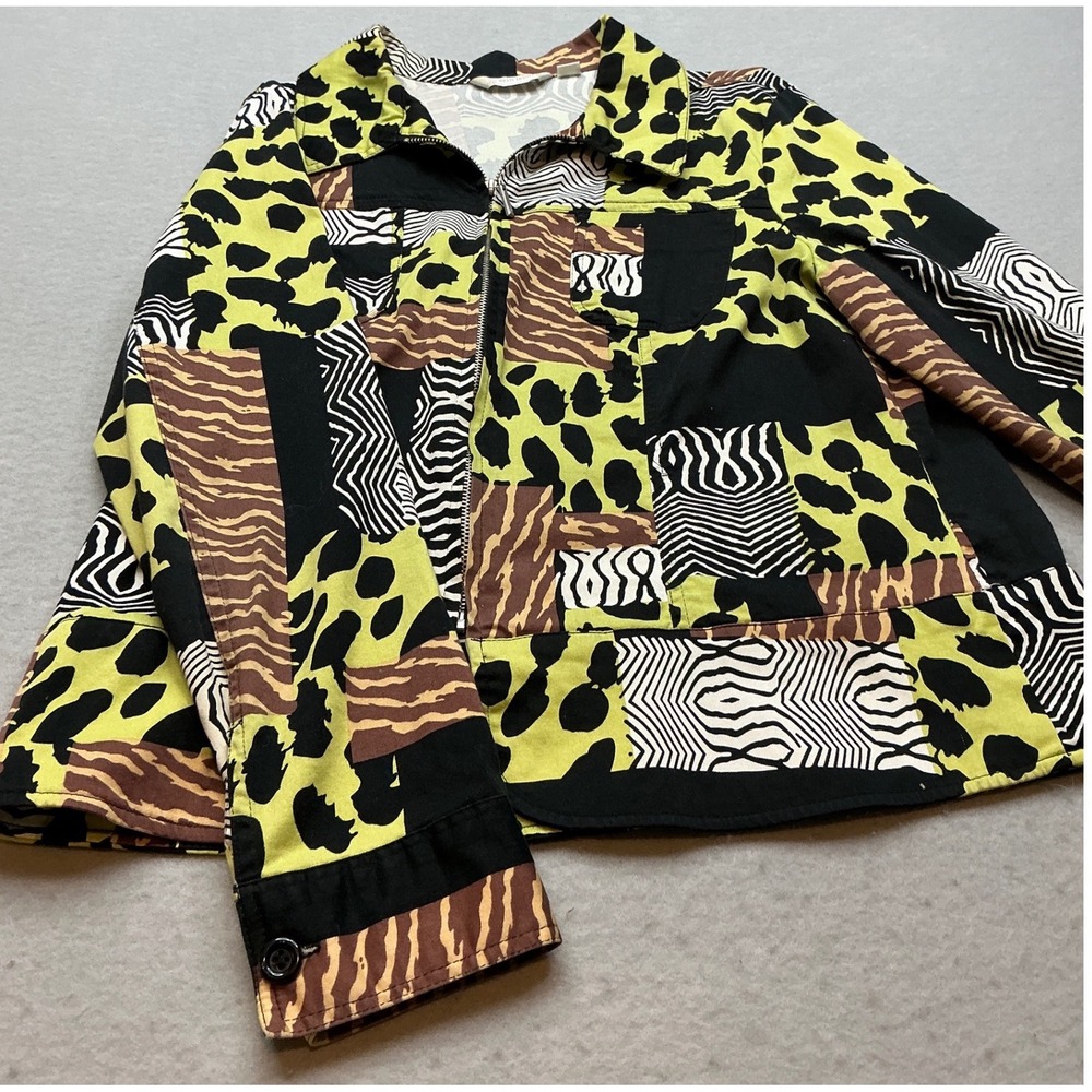 Animal Print Erin London Patchwork Zip Jacket Neon Yellow Brown‎ L Zebra Tiger